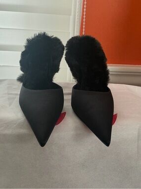 Christian Louboutin Black Pointed-Toe Faux-Fur Mules